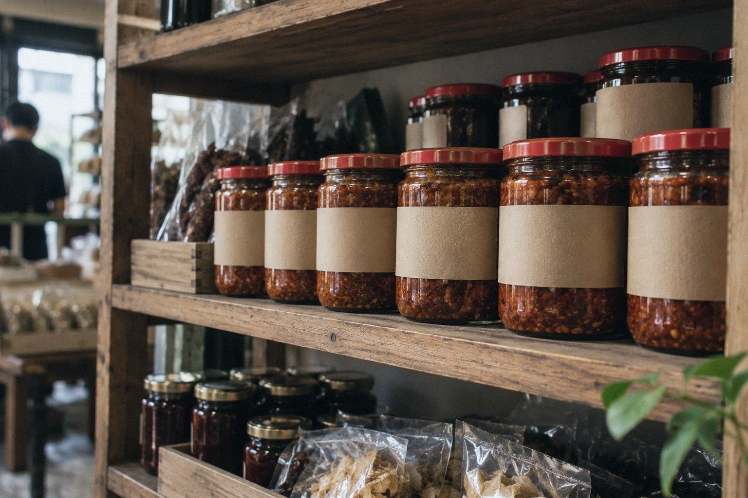 A row of sambal jars with wide red and yellow bands on a grocer's wooden shelf
