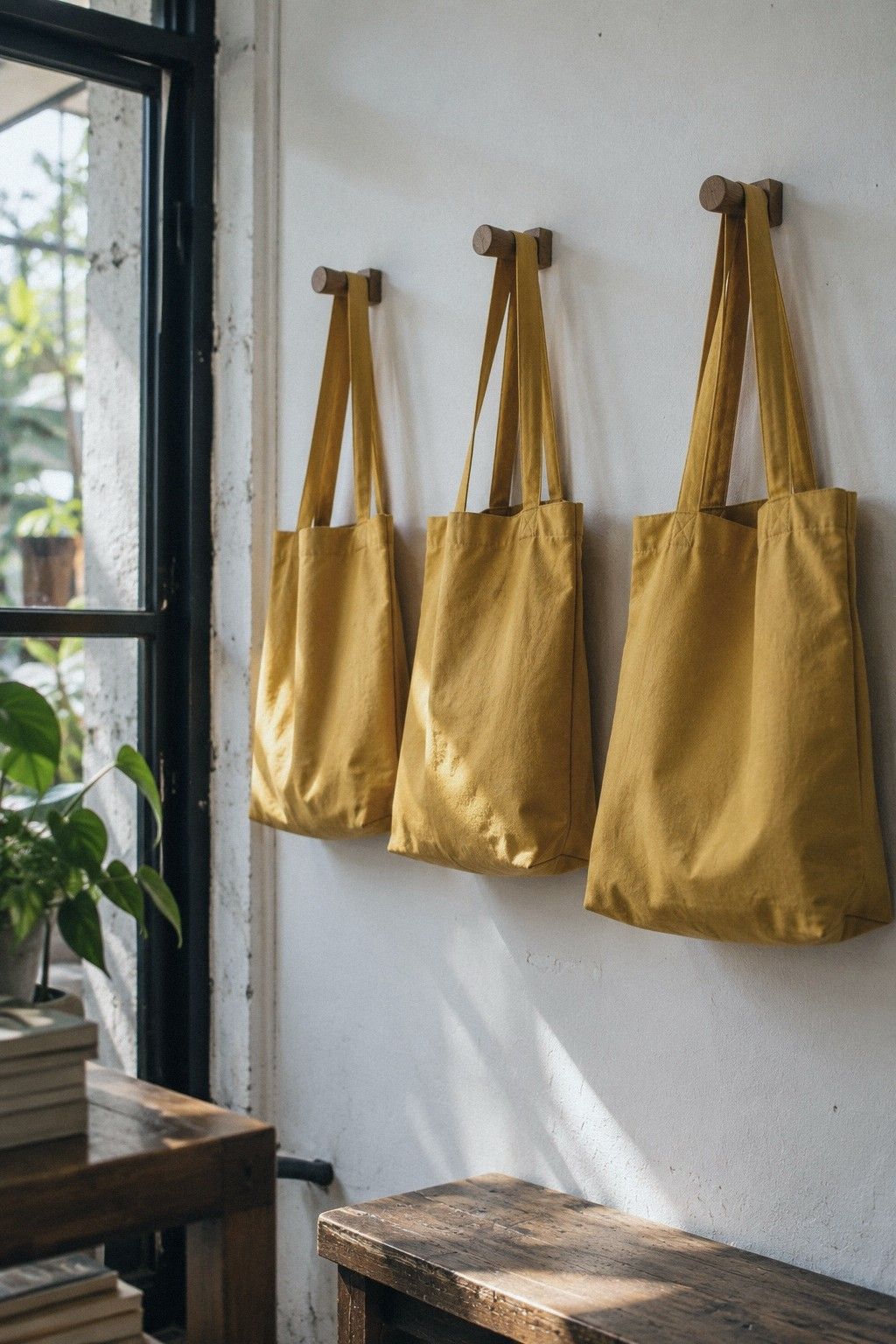 A woven cotton tote in mustard and indigo hanging on a hook, a small card sewn inside