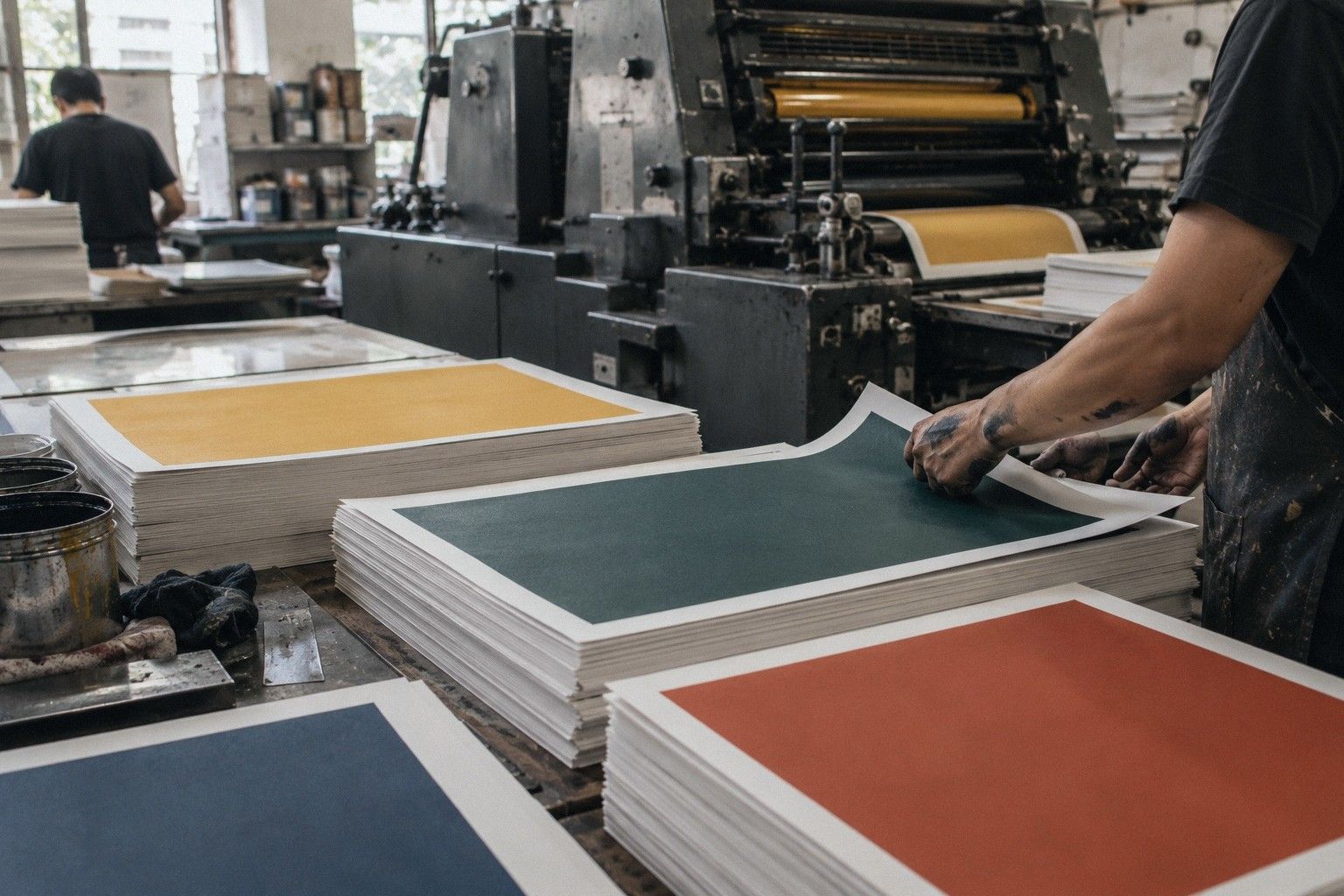 Print proofs of labels and cards laid out on a cutting mat under daylight